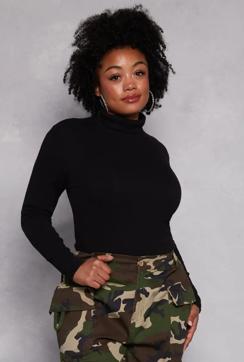 Plus Size Ribbed Knit Turtleneck Top With Long Sleeves 1