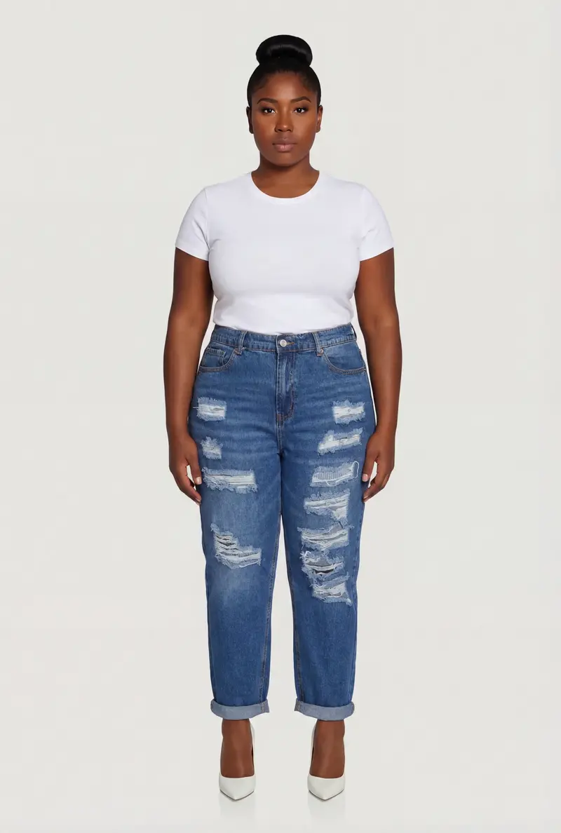 Plus Size Rolled-Cuff Distressed Mom Jeans 1