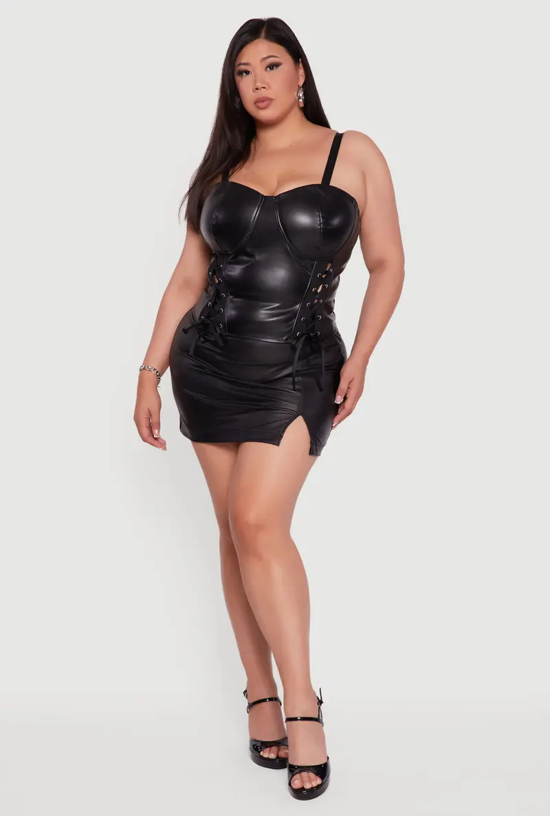 Plus Size Satin Bustier Top – Smocked Back & Faux Leather Accent 1