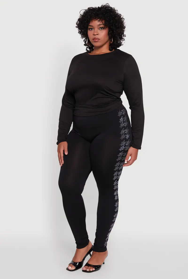 Plus-Size Seamless Houndstooth Leggings With Rhinestone Trim 1