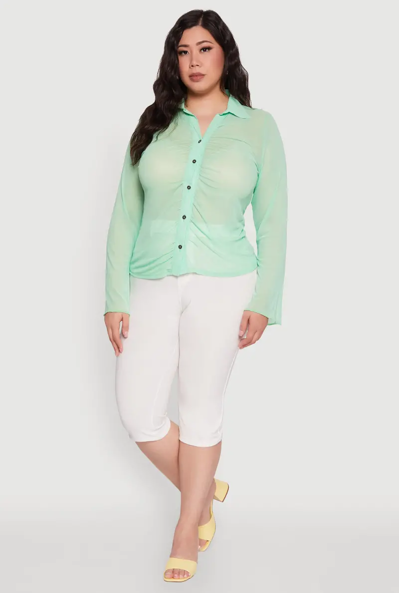 Plus Size Sheer Long-Sleeve Shirt With Subtle Ruching And Lightweight Fabric 1