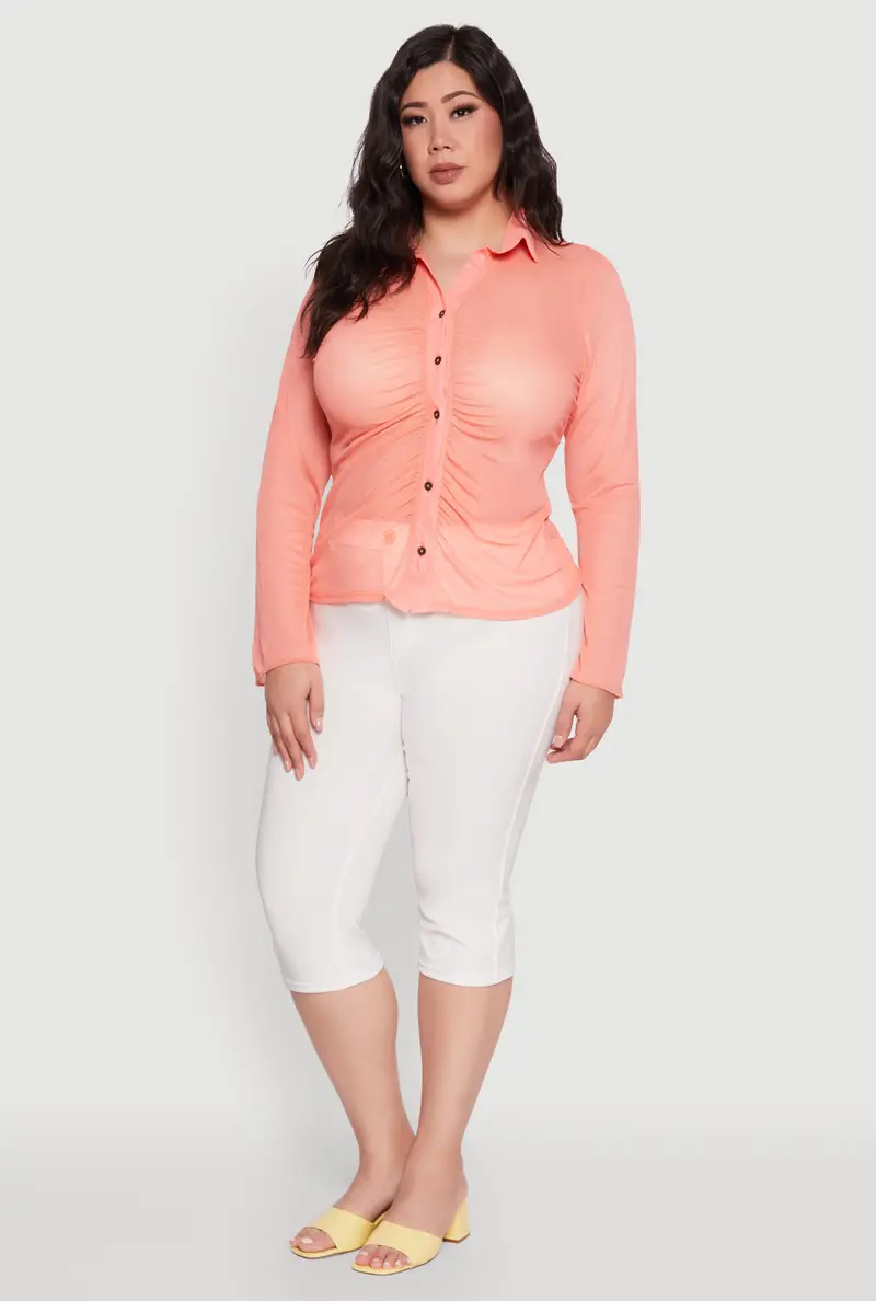 Plus Size Sheer Long-Sleeve Top With Soft Ruched Detailing 1