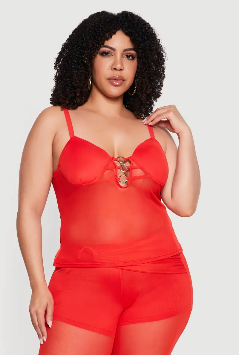 Plus Size Sheer Mesh Top Accented With Reflective O-Rings 1