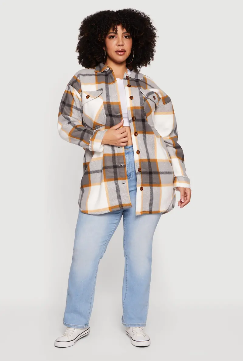Plus Size Sherpa-Lined Shacket With Flap Pockets And Button Front 1