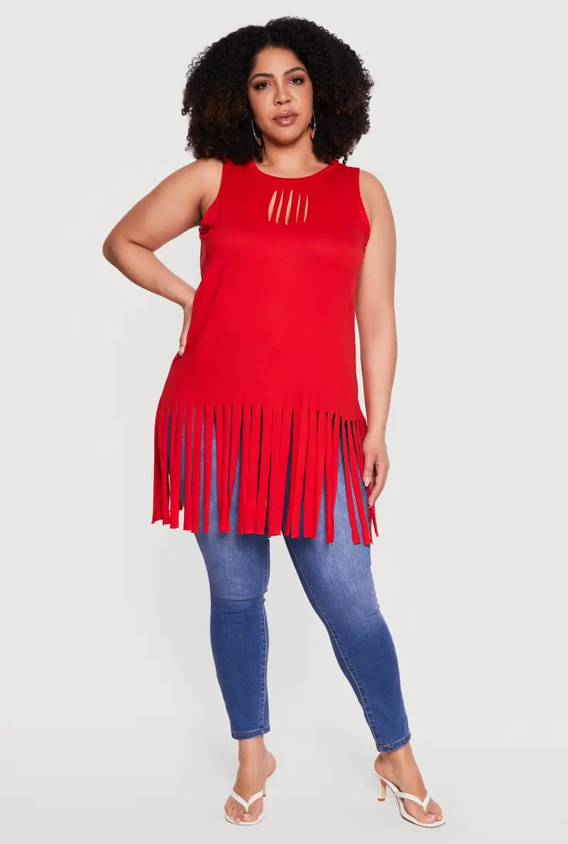 Plus Size Sleeveless Tunic Top With Laser-Cut Fringe Hem 1