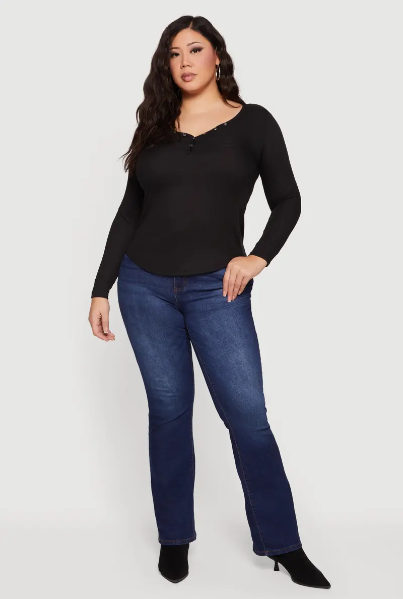 Plus Size Snap-Front Ribbed Knit Long Sleeve Tee 1