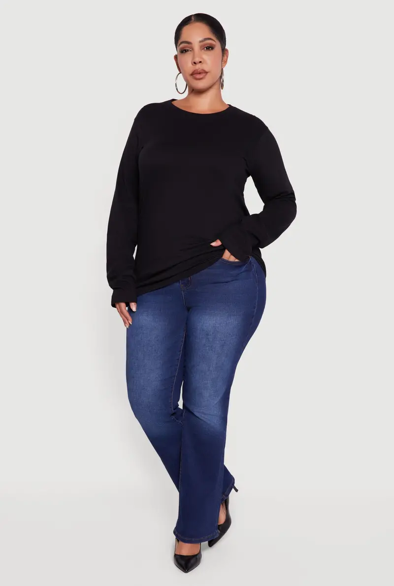 Plus Size Solid Crew Neck Long Sleeve Top 1