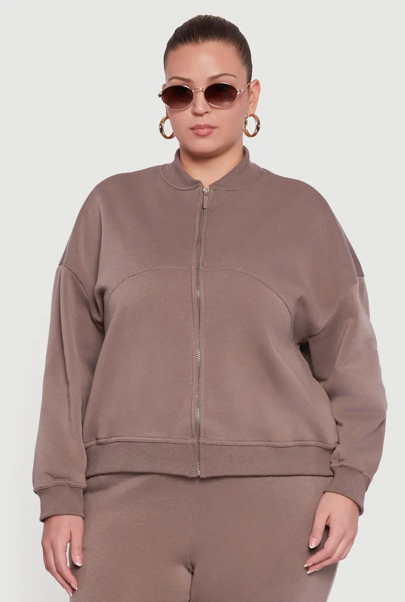 Plus Size Solid Fleece Full-Zip Long-Sleeve Sweatshirt 1