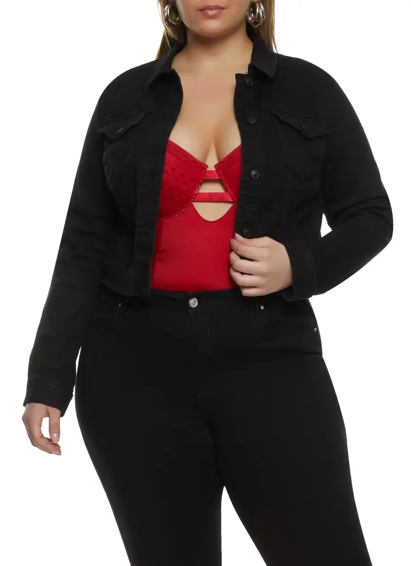 Plus Size Solid Wax-Denim Jacket 1