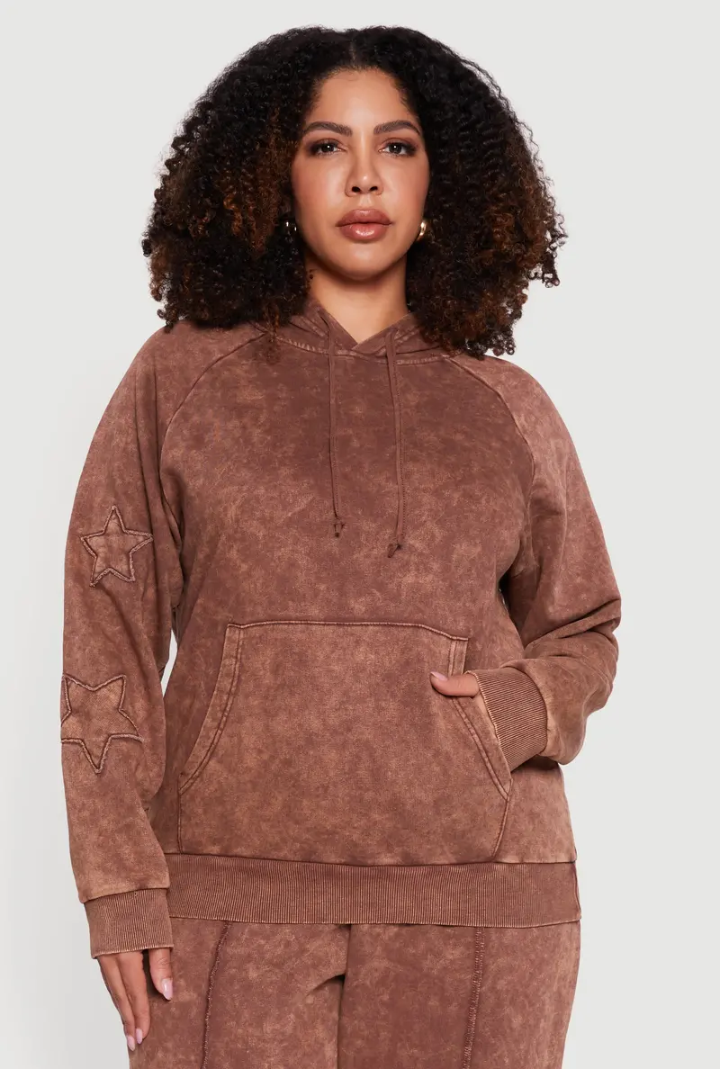 Plus Size Star-Patch Acid Wash Hooded Sweatshirt 1