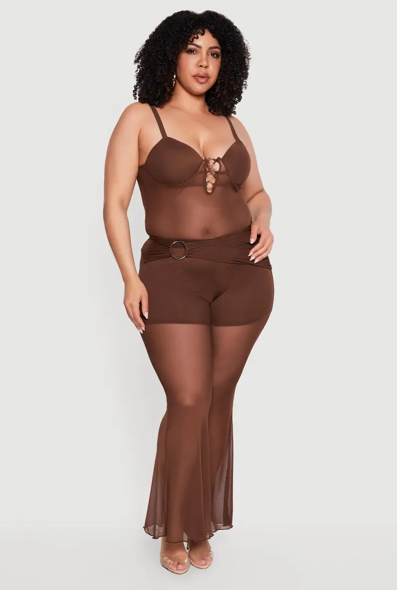 Plus Size Statement Flare Pants With Front Mesh Overlay And Ring Detail 1