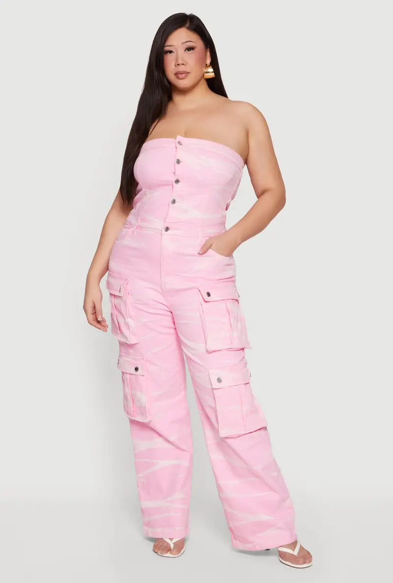 Plus Size Strapless Denim Utility Jumpsuit With Cargo Pockets 1