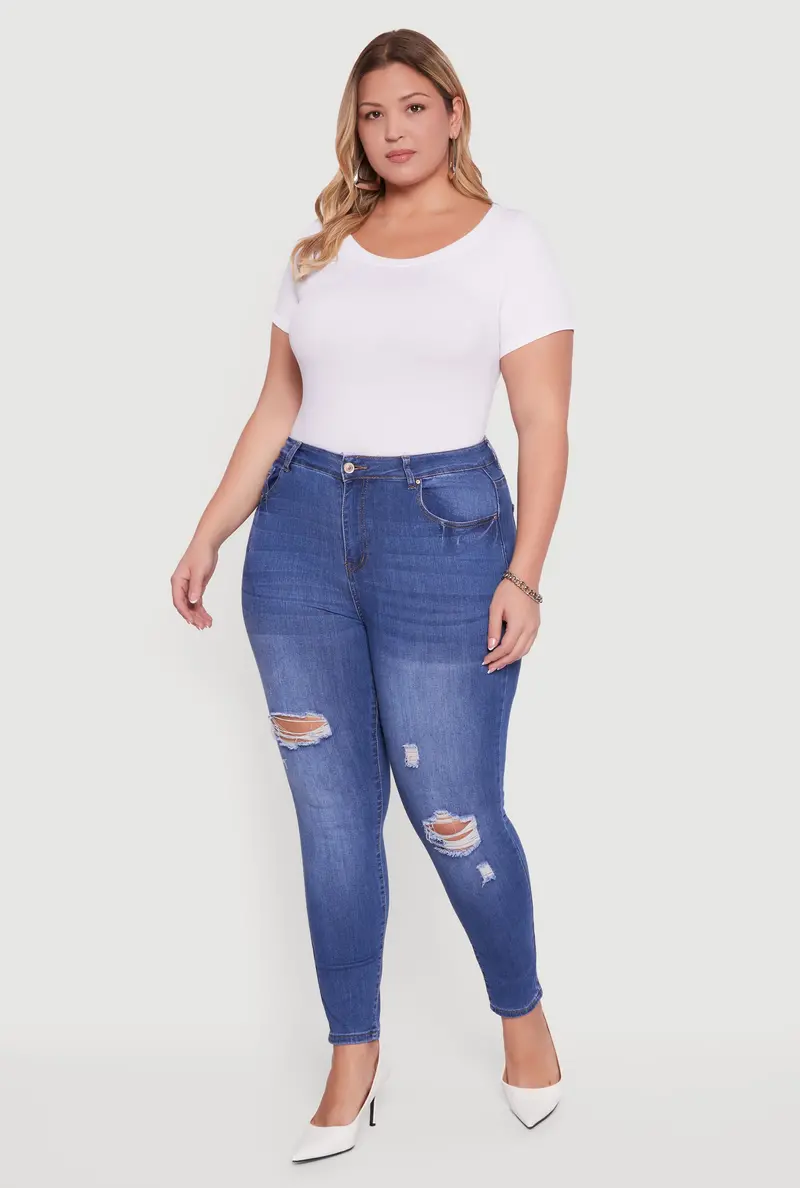Plus Size Stretch Skinny Jeans – Distressed, High Waist 1