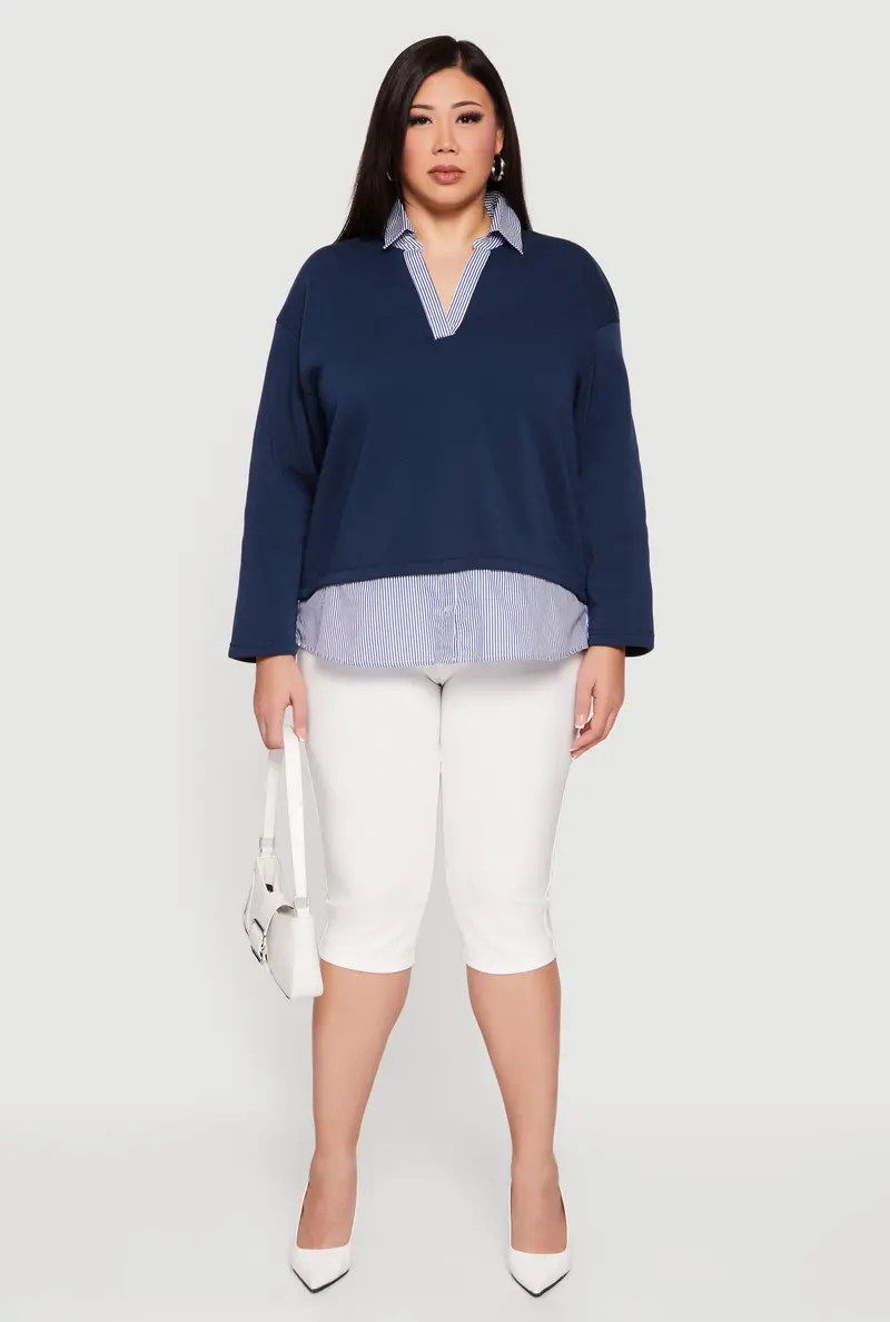 Plus Size Striped Color-Block Sweatshirt With Layered Design 1