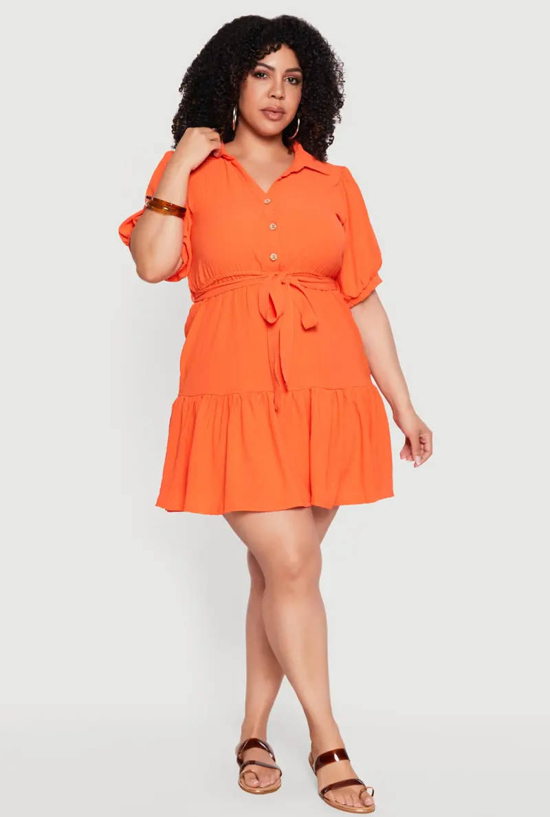 Plus Size Summer Mini Dress: Puff Sleeves, Tiered Skirt, Waist Tie 1