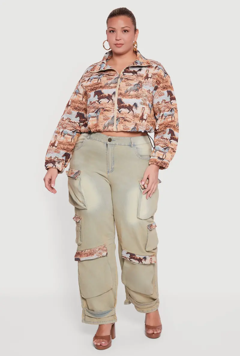 Plus Size Tapestry Jacquard Cargo Jeans With High Waist 1