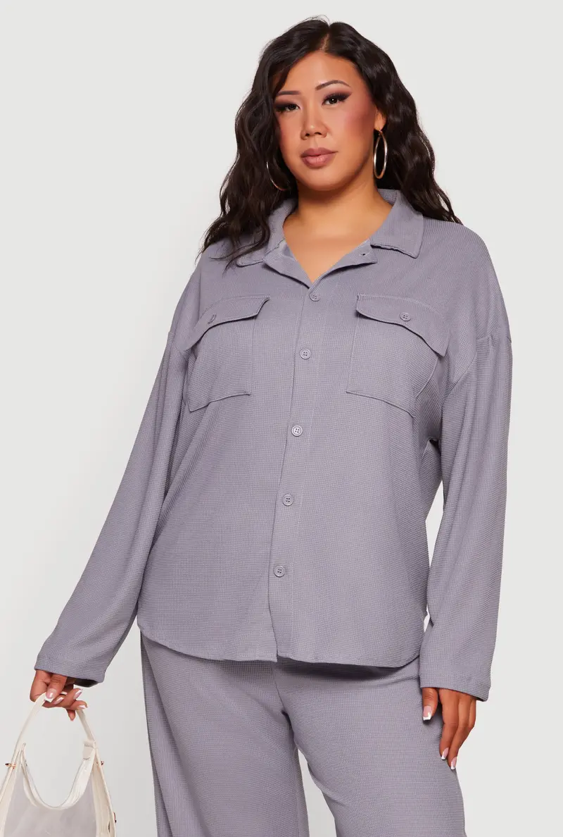 Plus Size Textured-Knit Button-Front Top 1