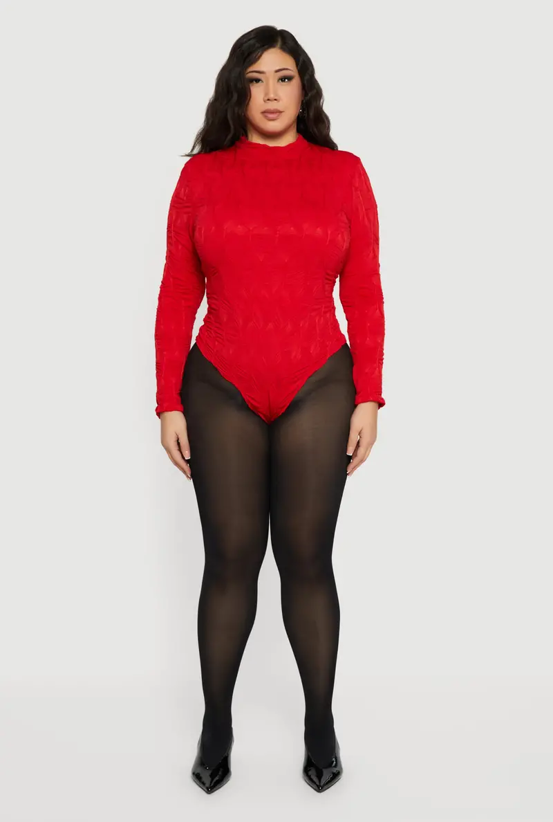 Plus Size Textured Knit Long Sleeve Mock Neck Bodysuit 1