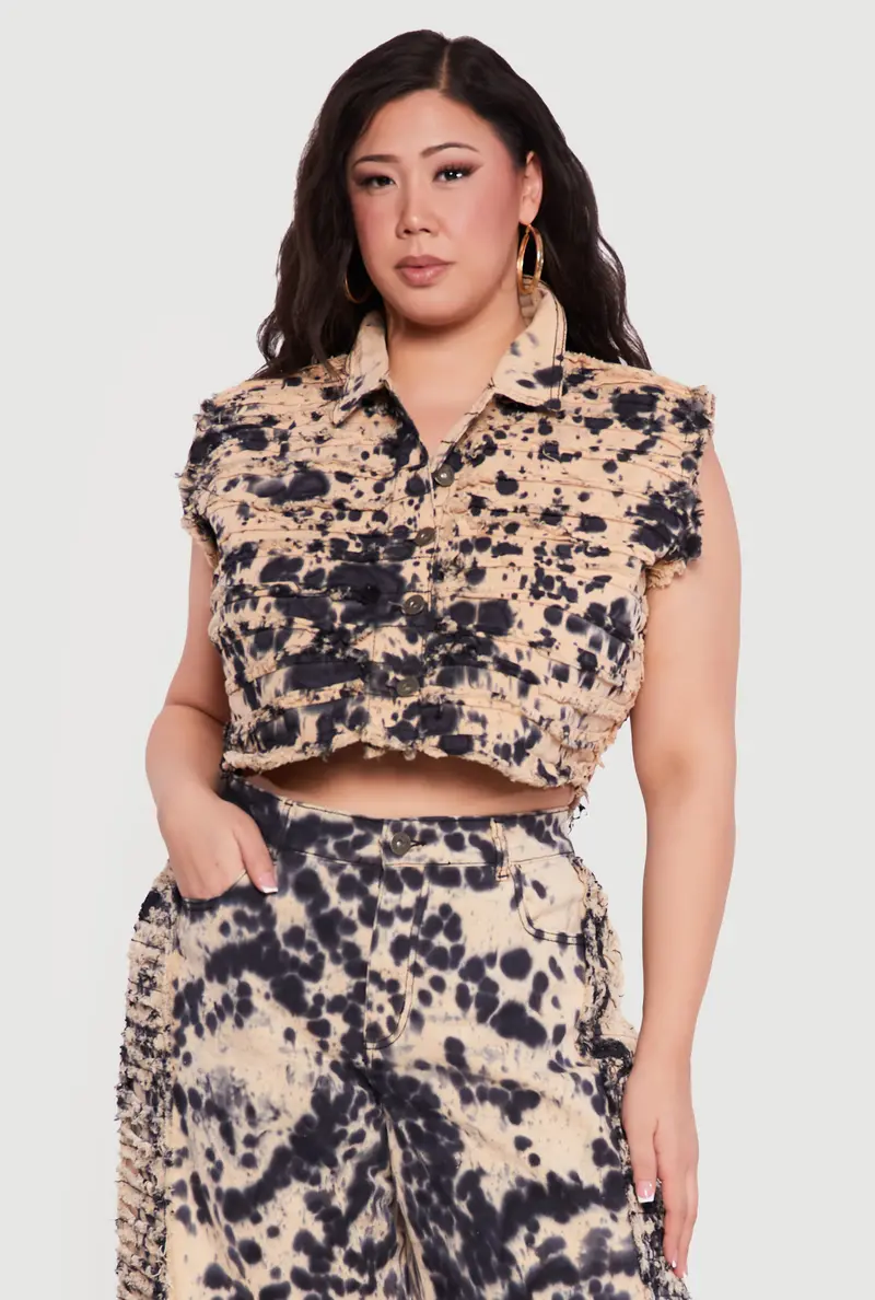 Plus Size Tie-Dye Denim Crop Vest 1