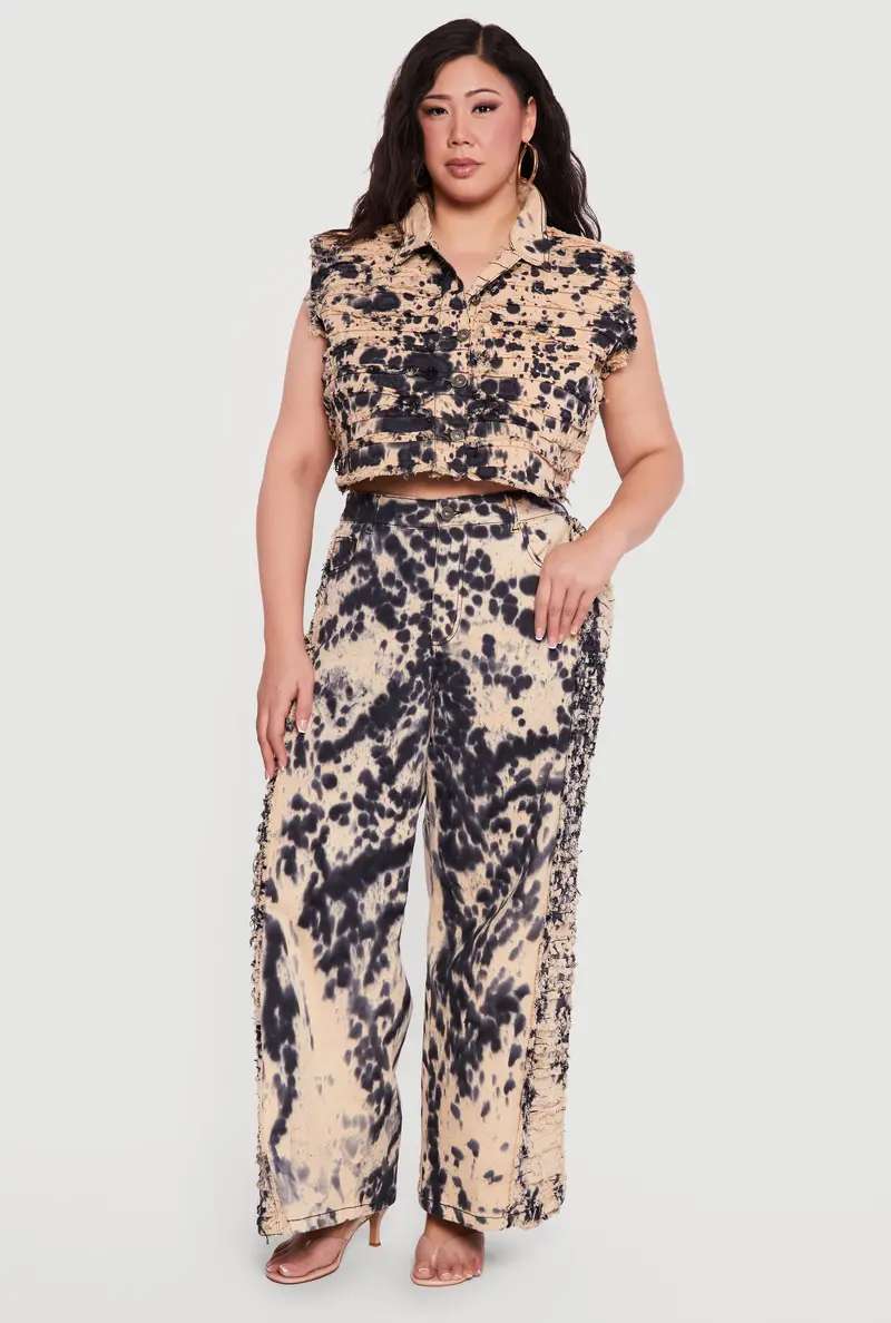 Plus Size Tie-Dye Wide-Leg Jeans With Frayed Hems 1
