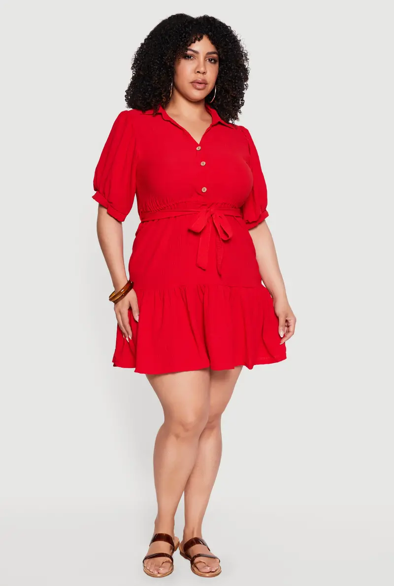 Plus Size Tiered Mini Dress With Puff Sleeves & Waist Tie 1