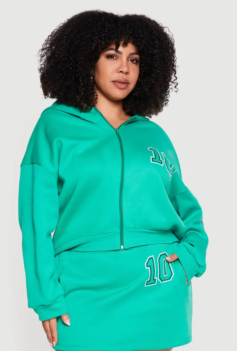 Plus Size Trendy Zip-Up Hoodie With Oversized Cut And '10' Statement Design 1