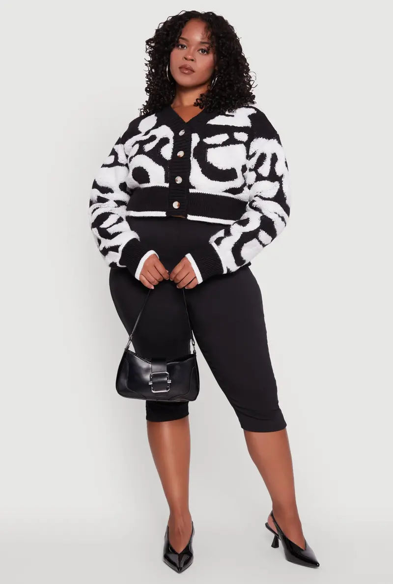 Plus Size Tufted Knit Cropped Cardigan With Button Front 1
