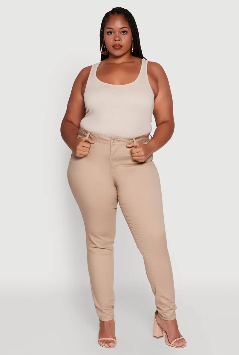 Plus Size Twill High-Waisted Slim-Fit Pants 1