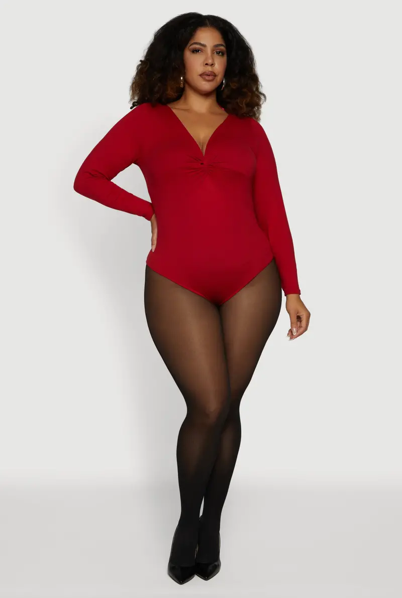 Plus Size Twist-Front Plunge-Neck Long-Sleeve Bodysuit 1