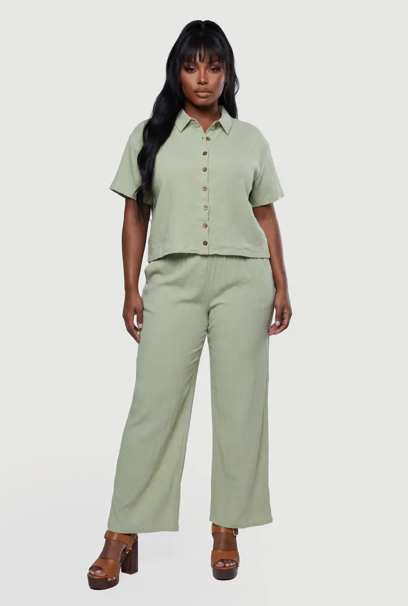Plus Size Two-Piece Set: Drop Shoulder Blouse + Soft Lounge Pants 1