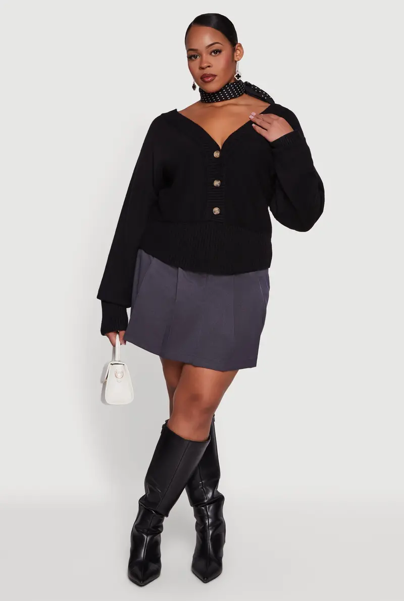 Plus Size V-Neck Sweater With Lace-Up Back And Functional Buttons 1