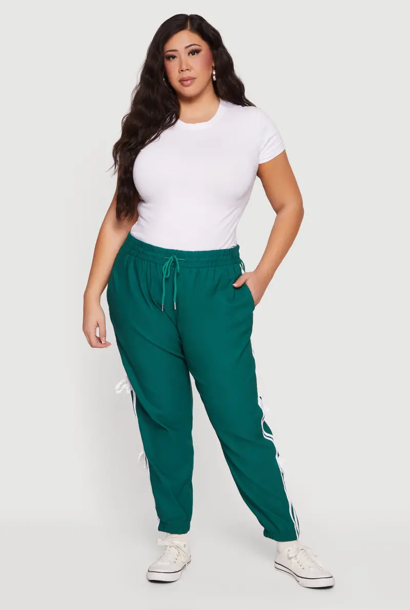 Plus Size Varsity-Inspired Joggers With Decorative Side Bows 1