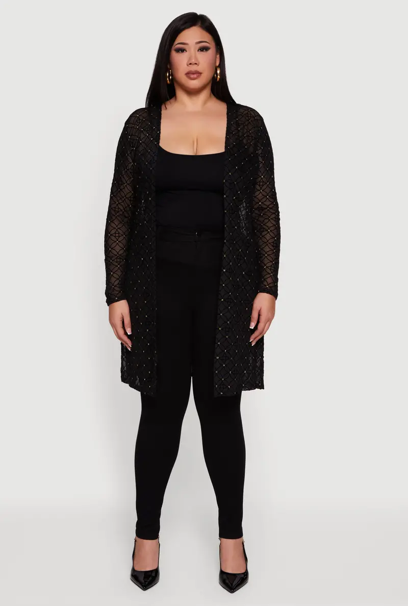 Plus Size Velvet Burnout Mesh Duster Coat 1