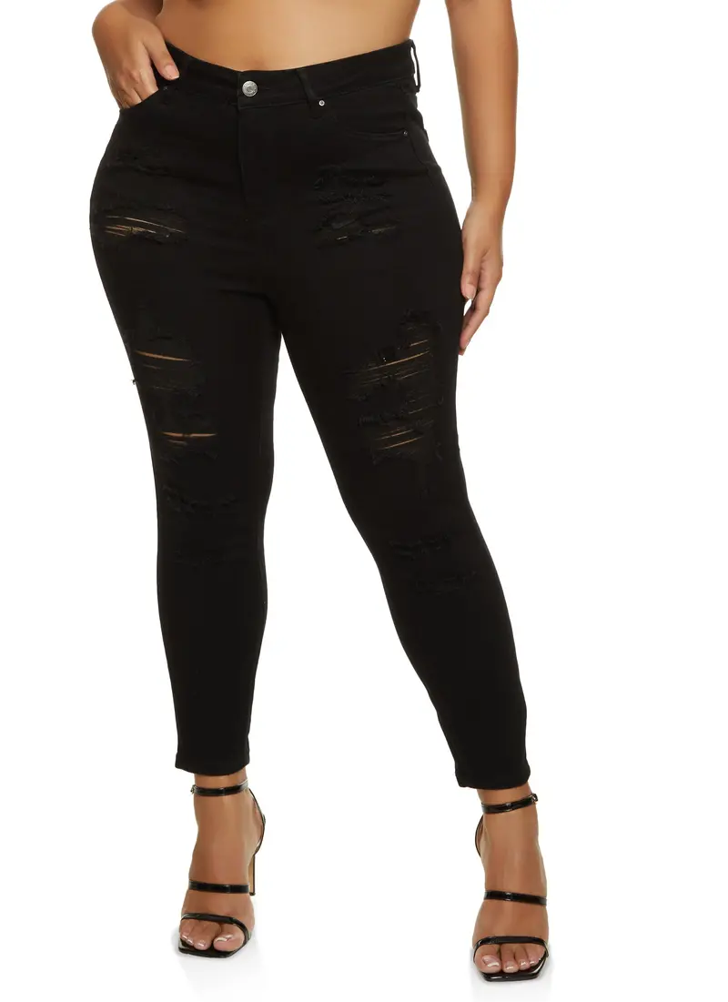Plus-Size Wax-Distressed Skinny Jeans 1