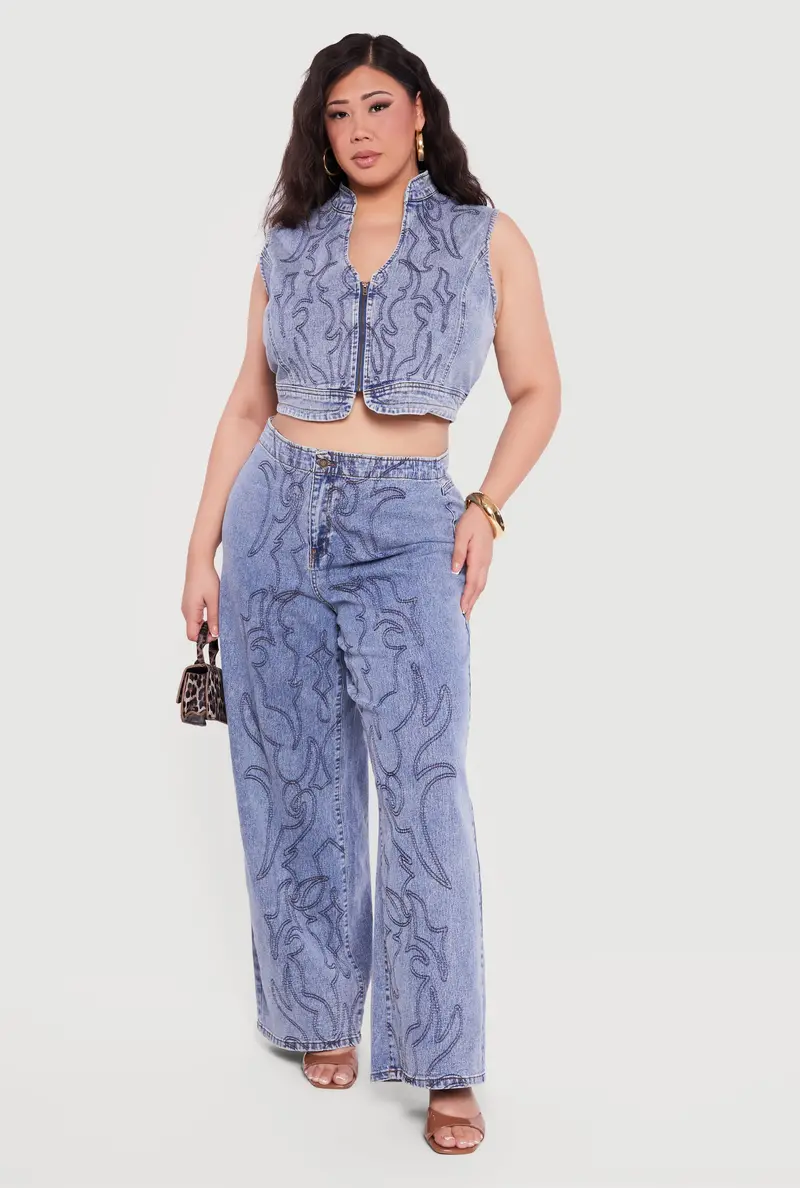 Plus Size Western-Style High-Waisted Jeans With Decorative Stitching 1