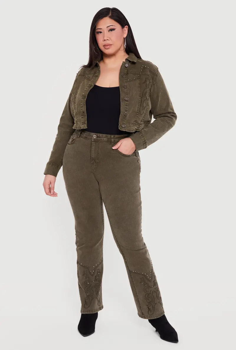 Plus Size Western-Style Straight-Leg Jeans With Decorative Stitching 1
