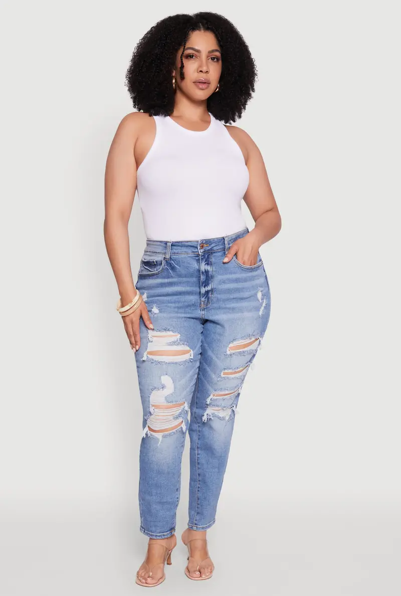 Plus Size Whiskered & Distressed High-Waist Jeans 1