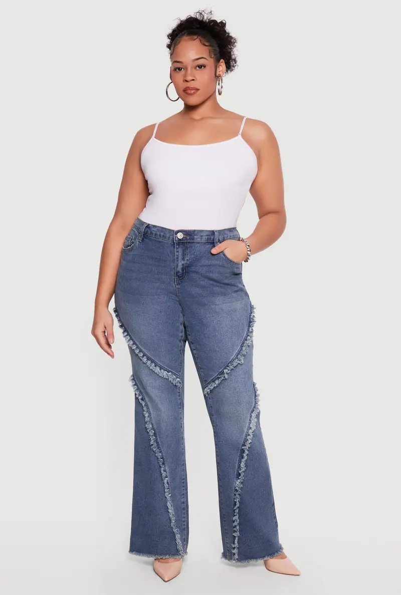 Plus Size Whiskered Flare-Leg Jeans With Frayed Trim 1
