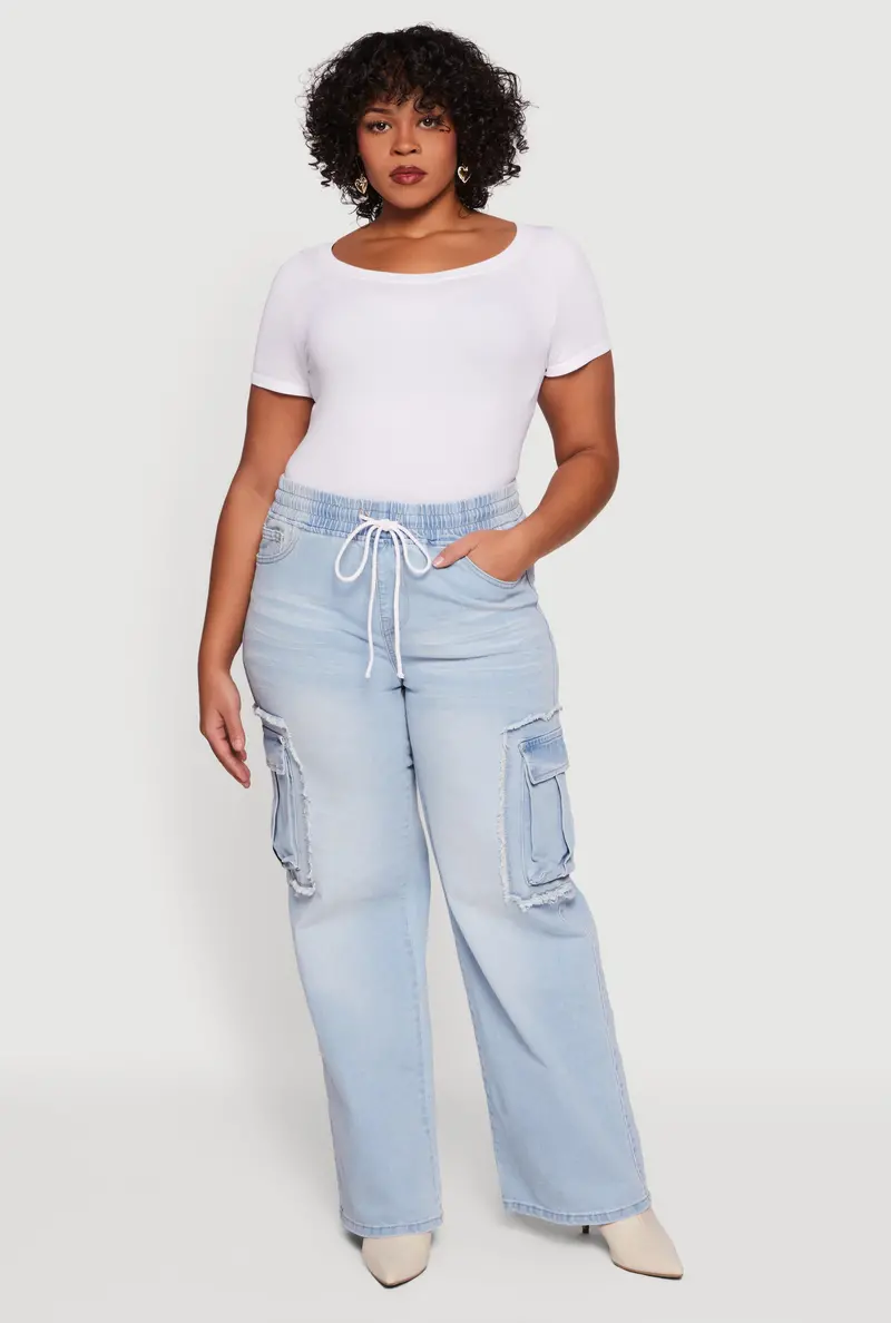 Plus Size Wide-Leg Cargo Jeans With Drawstring Waist – Vip 1
