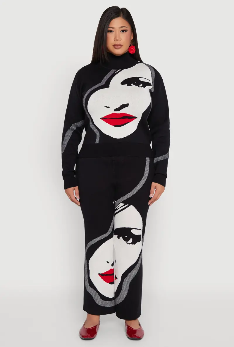 Plus Size Wide-Leg Ribbed Knit Pants With Graphic Detail 1
