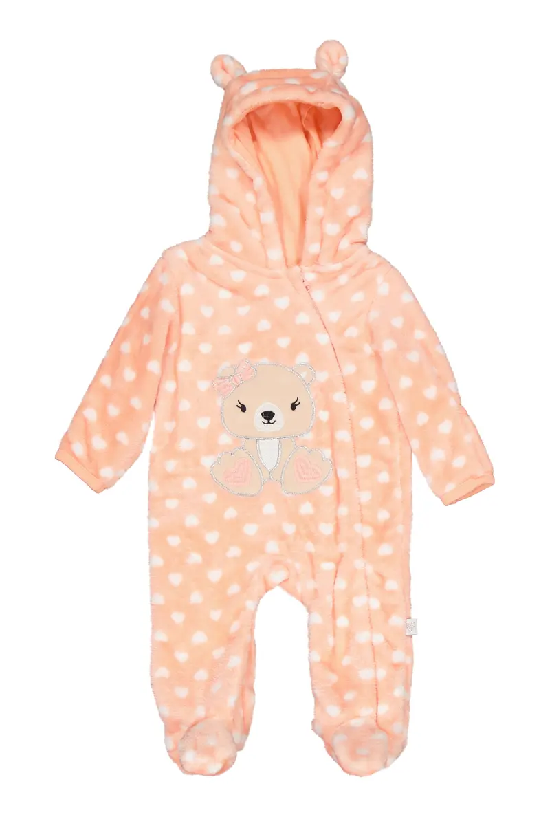 Plush Heart & Bear Hooded Zip-Up Baby Jumpsuit For Girls (0–9 Months) 1