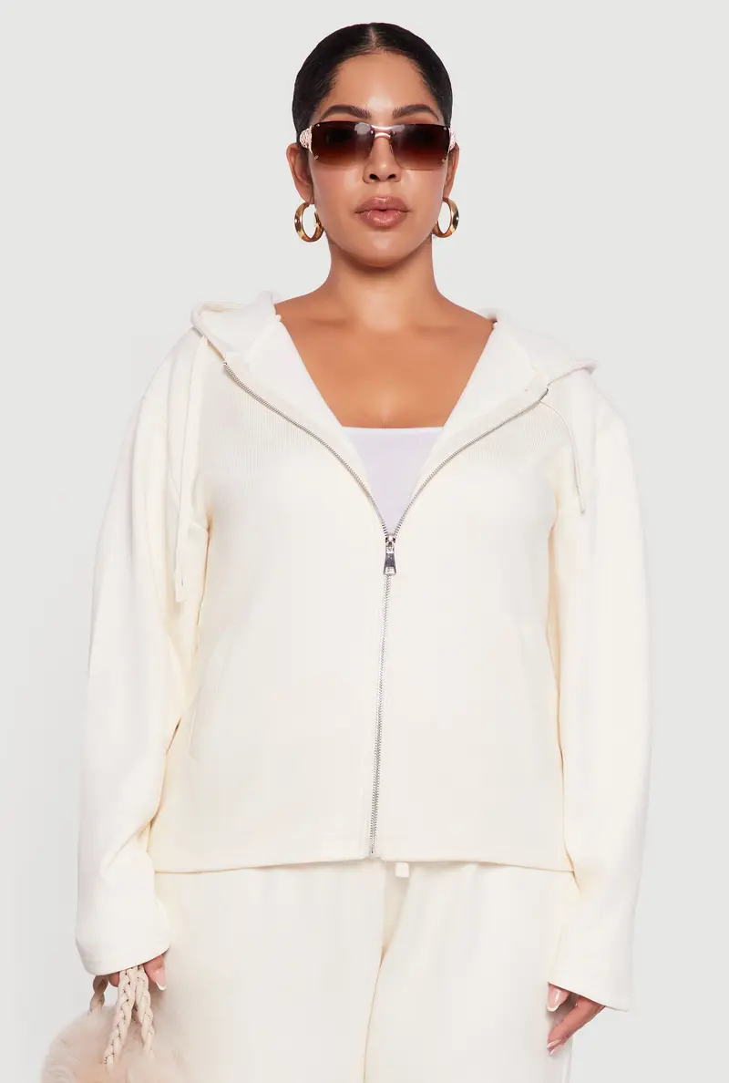 Plush-Lined Ribbed Knit Hoodie With Full-Zip Front – Plus Size 1