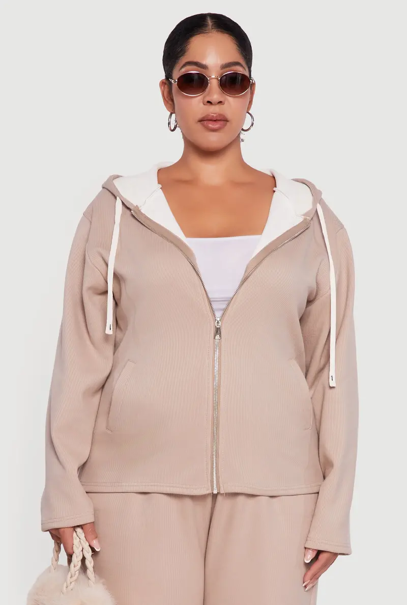 Plush-Lined Ribbed Knit Hoodie With Full Zip – Plus Size 1
