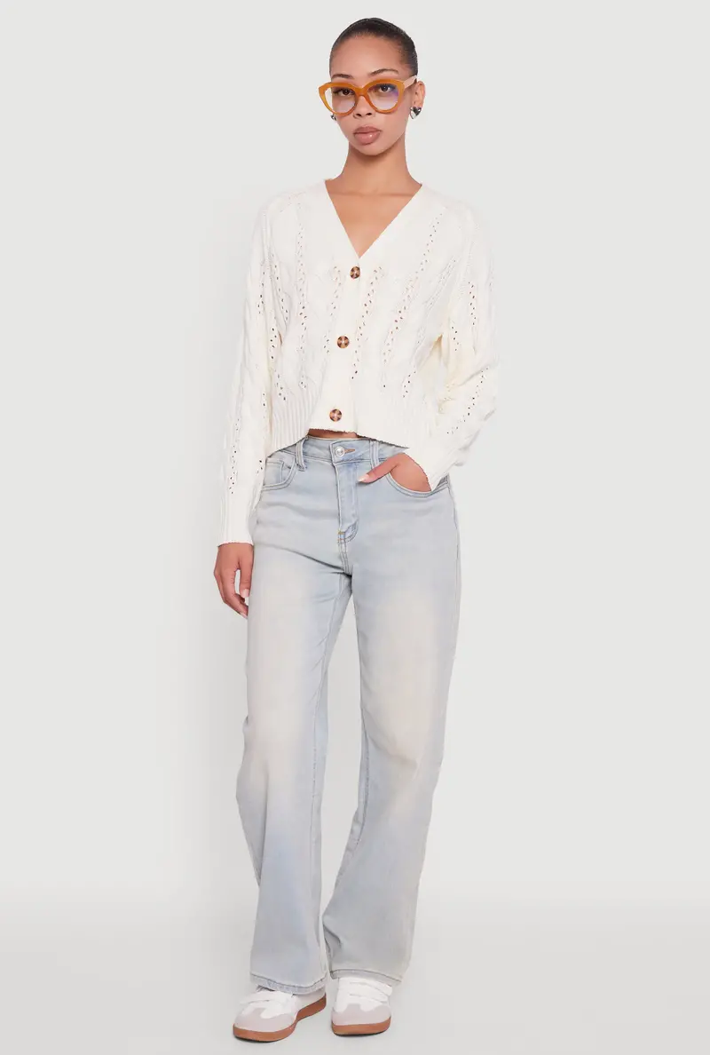Pointelle Cable-Knit Cardigan With Button-Front Closure 1