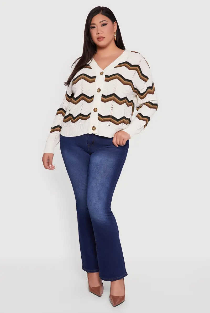Pointelle Chevron V-Neck Cardigan With Button Front – Plus Size 1