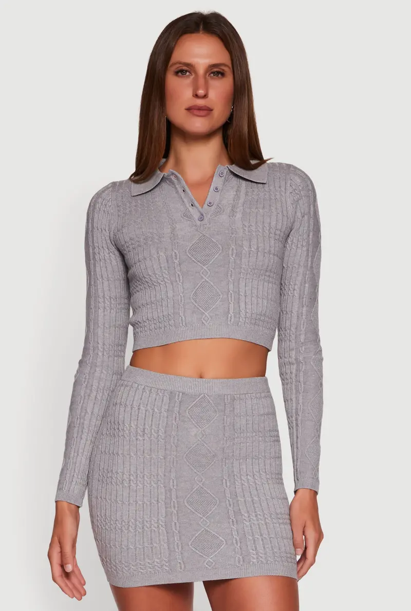 Polo-Collar Cable Knit Cropped Sweater 1