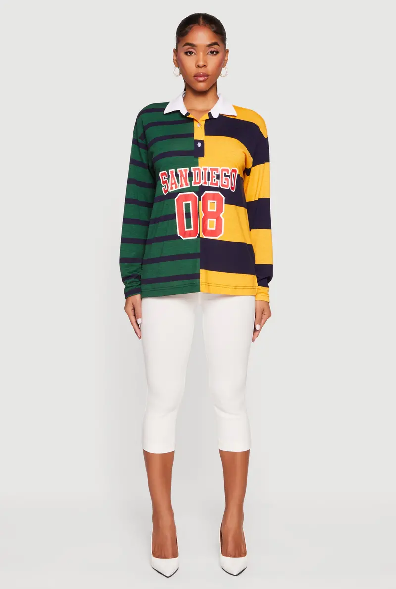 Polo-Style Tee With Stripe And Destination Graphic 1