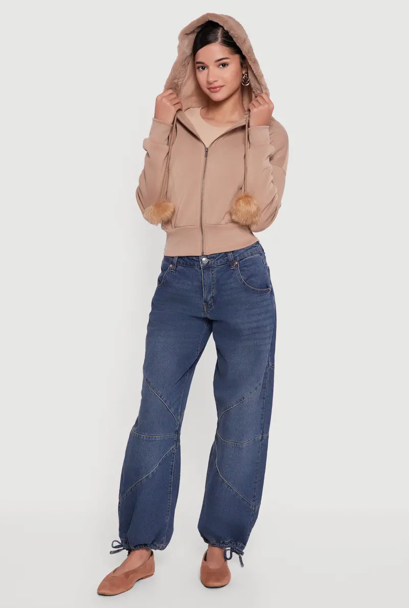 Pom-Pom Trimmed Zip-Up Faux Fur Hoodie 1