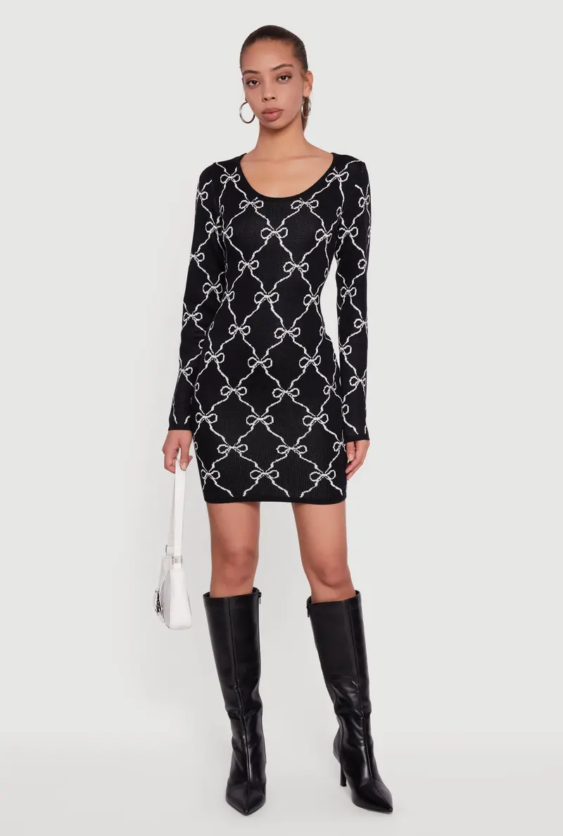 Printed Pattern Sweater Dress With Scoop Neck And Long Sleeves 1