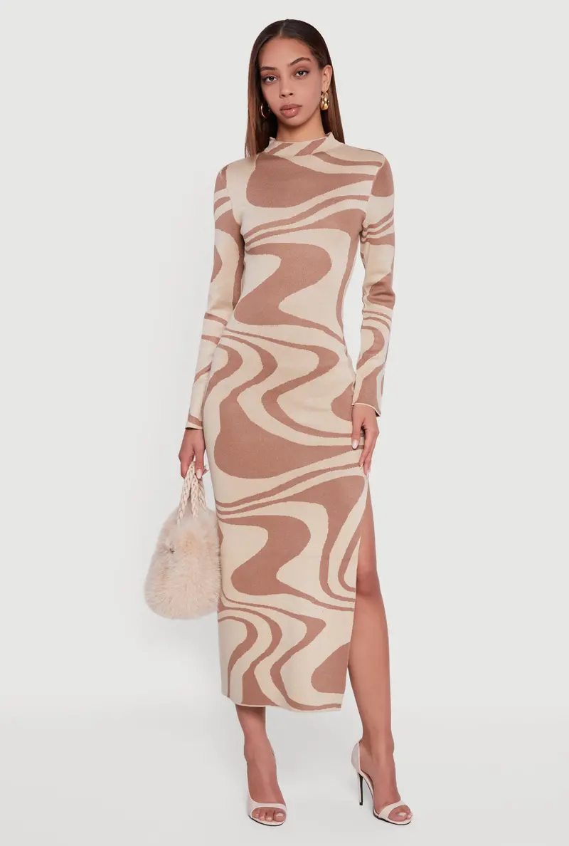 Psychedelic Swirl Mock-Neck Long-Sleeve Maxi Sweater Dress 1